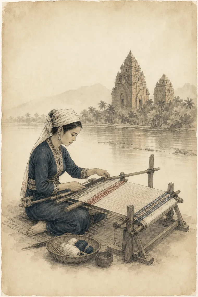 AI-generated illustration of a Cham woman weaving cotton on a low loom beside the Thu Bồn river, with sandstone Mỹ Sơn towers in the distant haze.
