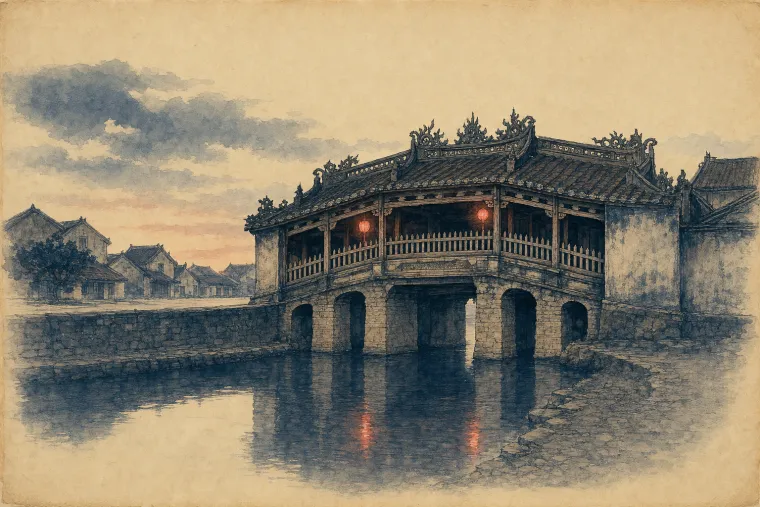 AI-generated illustration of the newly built Japanese covered bridge (Chùa Cầu) at Hội An, lantern-lit, empty of crowds.
