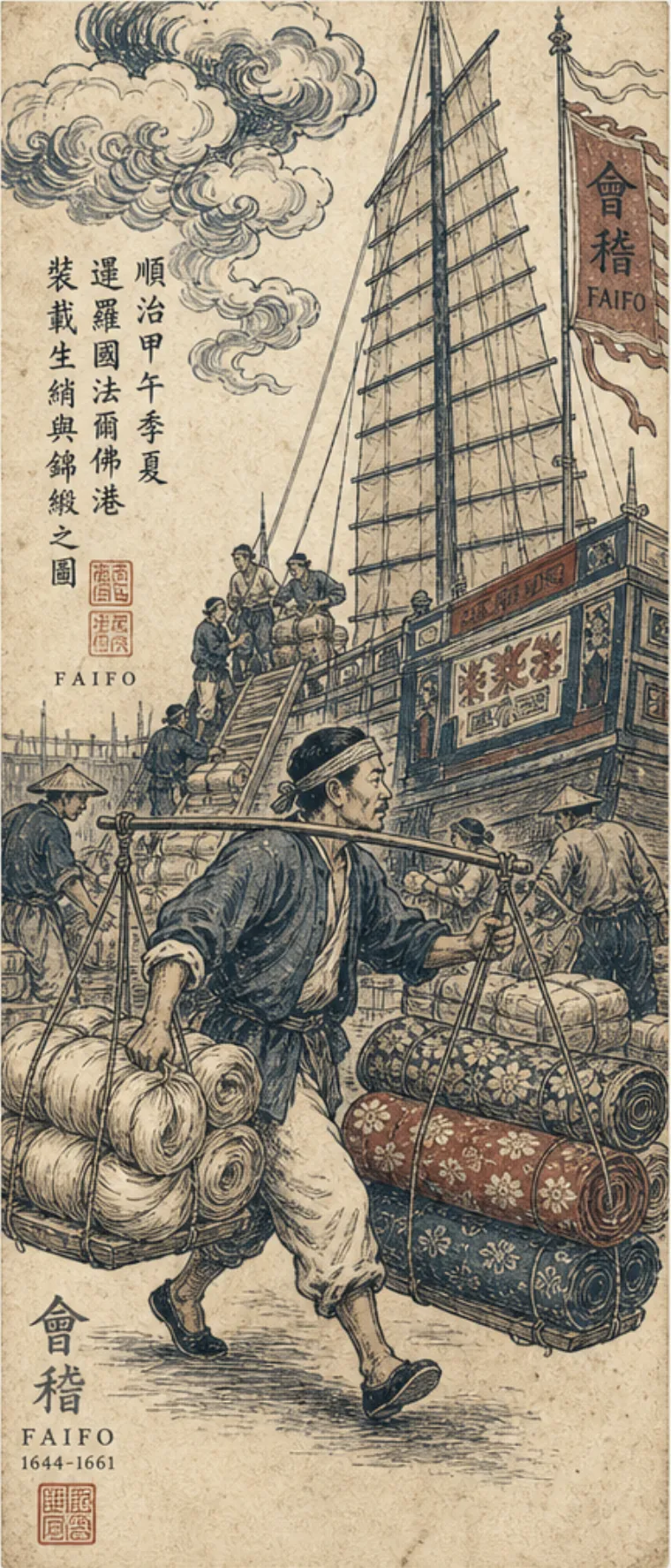 AI-generated illustration of a Japanese red-seal ship at anchor off Faifo at dawn, a small sampan rowing bolts of raw silk out to it.