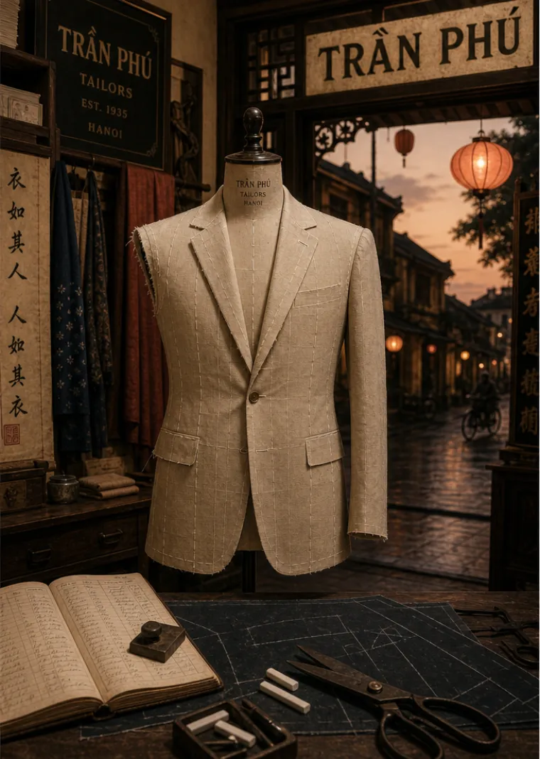 AI-generated illustration of a row of Hội An tailor shopfronts on Trần Phú street at twilight, paper lanterns lit, a single figure pausing at a window.