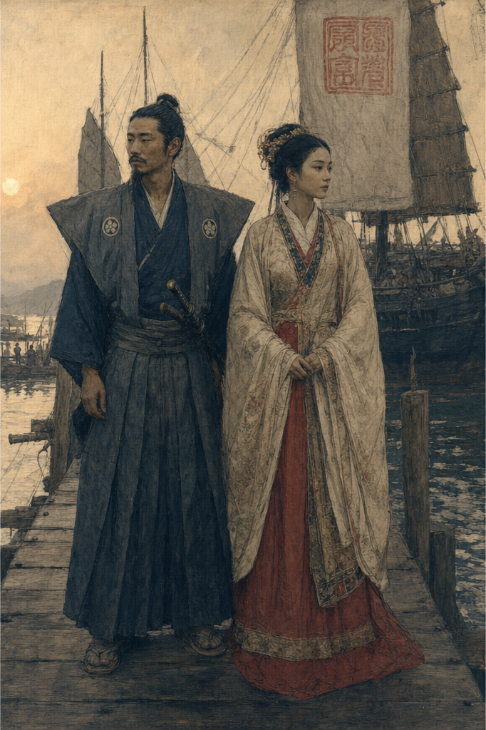 AI-generated illustration of the Nagasaki merchant Araki Sotaro and the Nguyễn-lord's daughter Ngọc Hoa boarding a red-seal ship at Faifo, 1619.