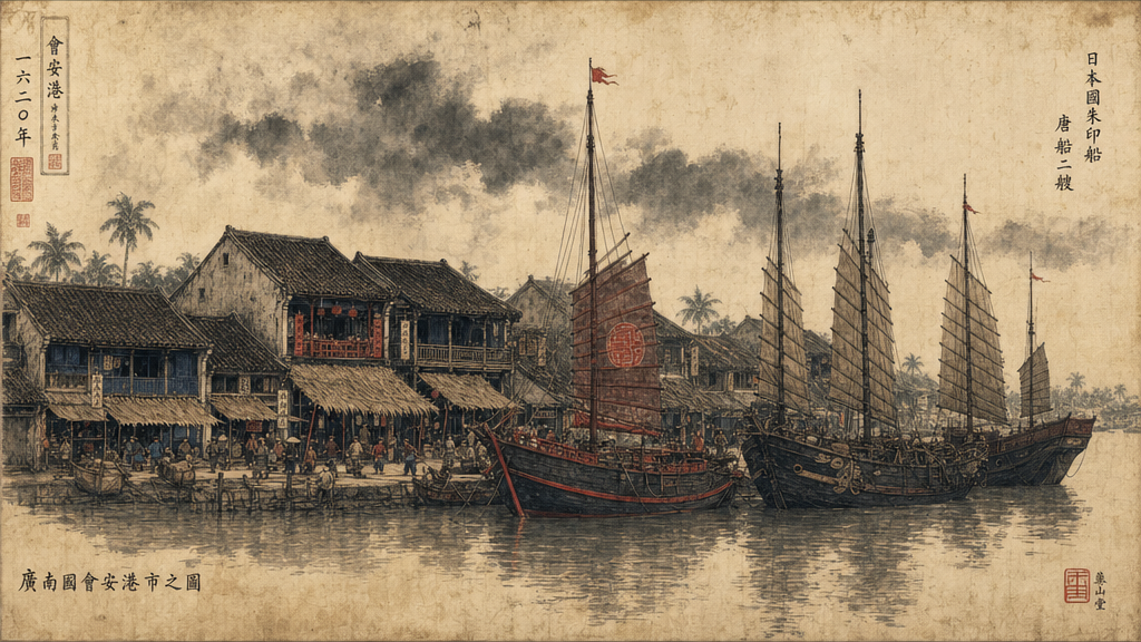 AI-generated illustration of the Faifo riverbank around 1620, lined with shophouses and moored junks under low monsoon clouds.