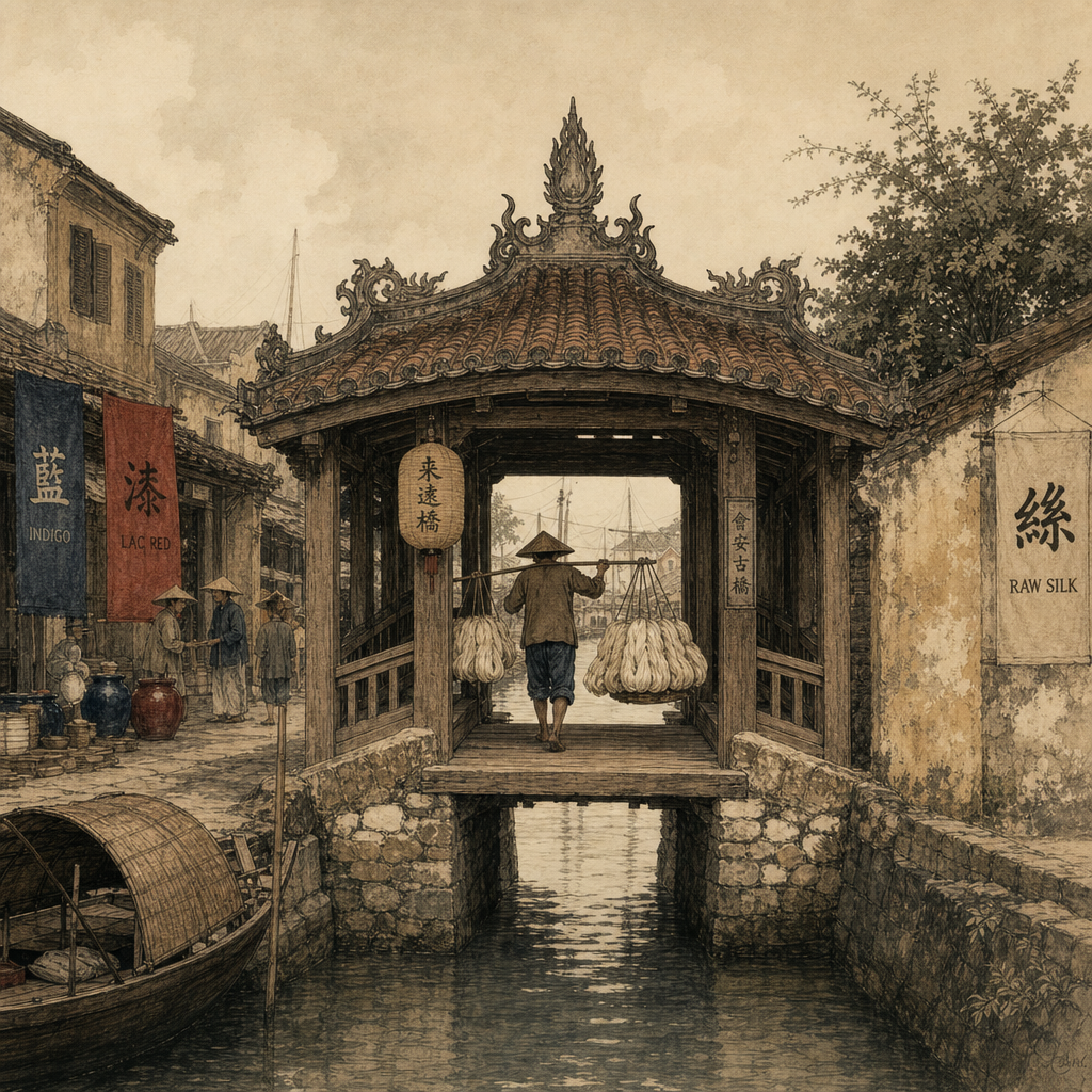 AI-generated illustration of the covered Japanese Bridge in Faifo around 1640, marking the boundary between the Japanese and Chinese quarters.