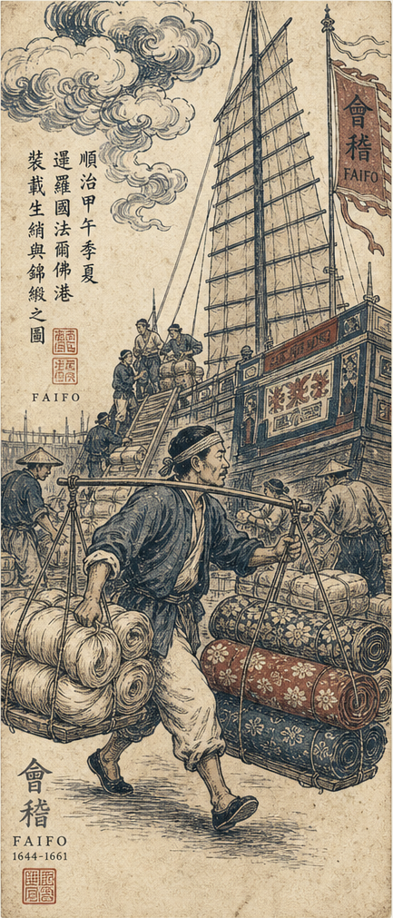 AI-generated illustration of bound raw-silk skeins being loaded by porters onto a Chinese junk at Faifo, mid-17th century.