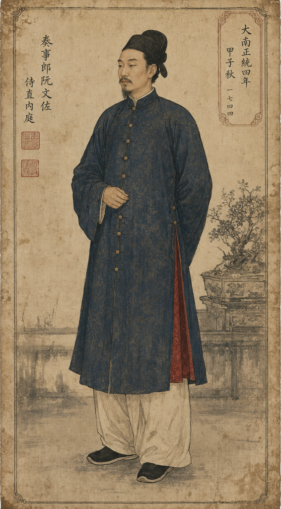 AI-generated illustration of a Đàng Trong court attendant around 1744 wearing the five-panel áo ngũ thân with standing collar and right-side buttons.