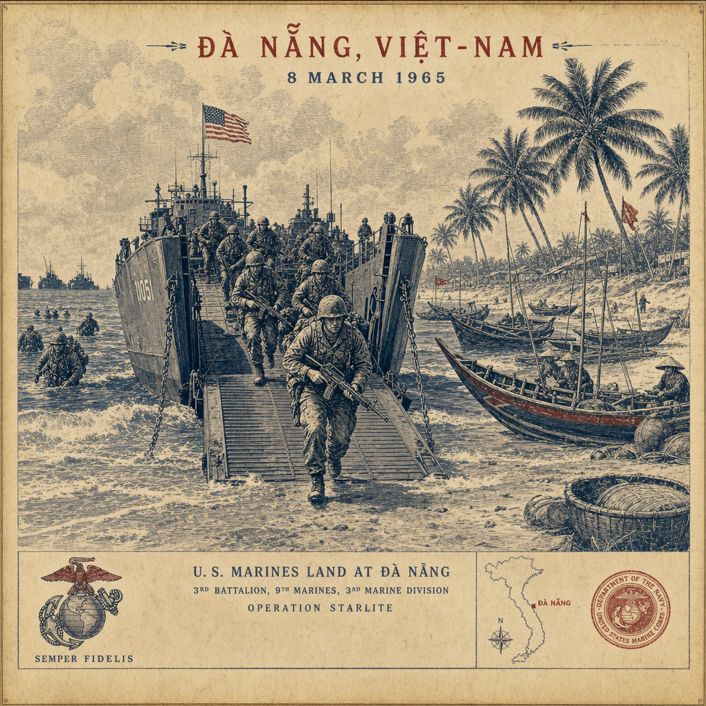AI-generated illustration of US Marines disembarking at Đà Nẵng beach on 8 March 1965, landing craft in the surf, Vietnamese fishing boats pulled up nearby.