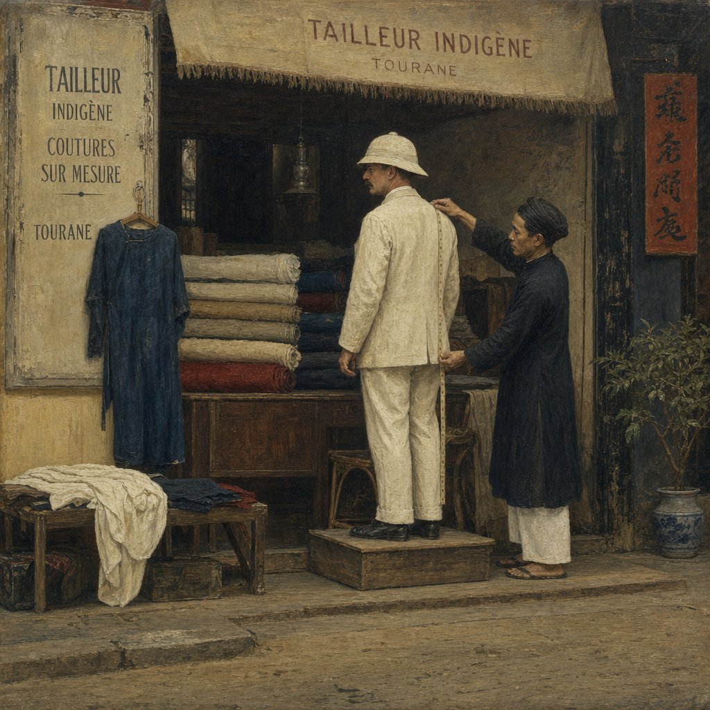 AI-generated illustration of a small Vietnamese tailor's shopfront in Tourane around 1905, a French resident being measured for a linen jacket.