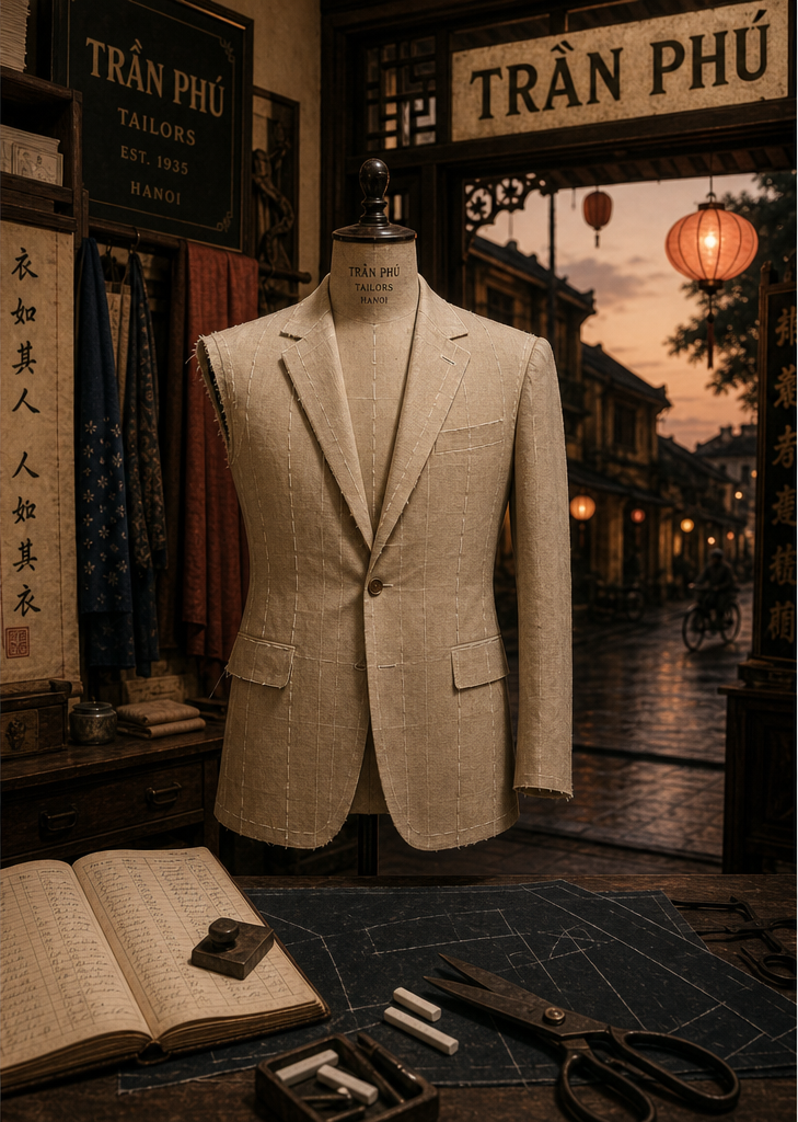 AI-generated illustration of a Trần Phú tailoring shop interior at dusk, a half-finished jacket on the dummy, lanterns lit outside.