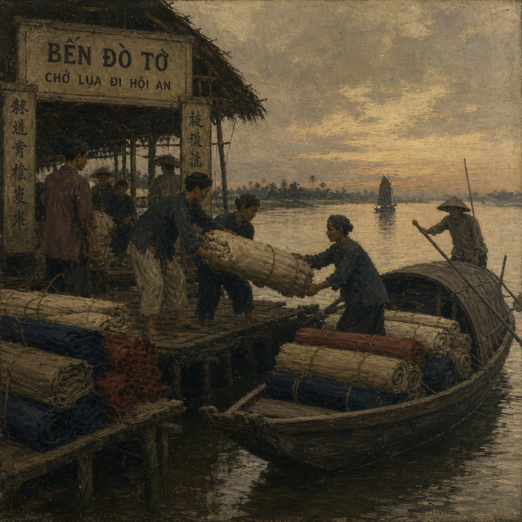 AI-generated illustration of the Bến Đò Tơ silk ferry landing on the Thu Bồn, bolts of silk being loaded onto a flat-bottomed boat for Hội An.