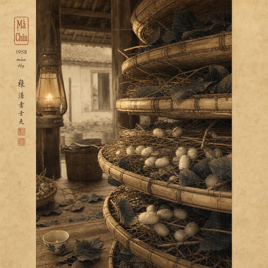 AI-generated illustration of stacked bamboo silkworm-rearing trays inside a Mã Châu farmhouse, leaves scattered, cocoons forming.