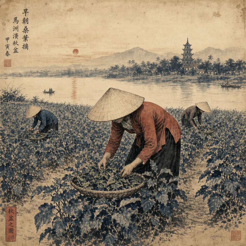 AI-generated illustration of mulberry fields along the Thu Bồn river at Mã Châu in early morning, women bent over the rows gathering leaves.
