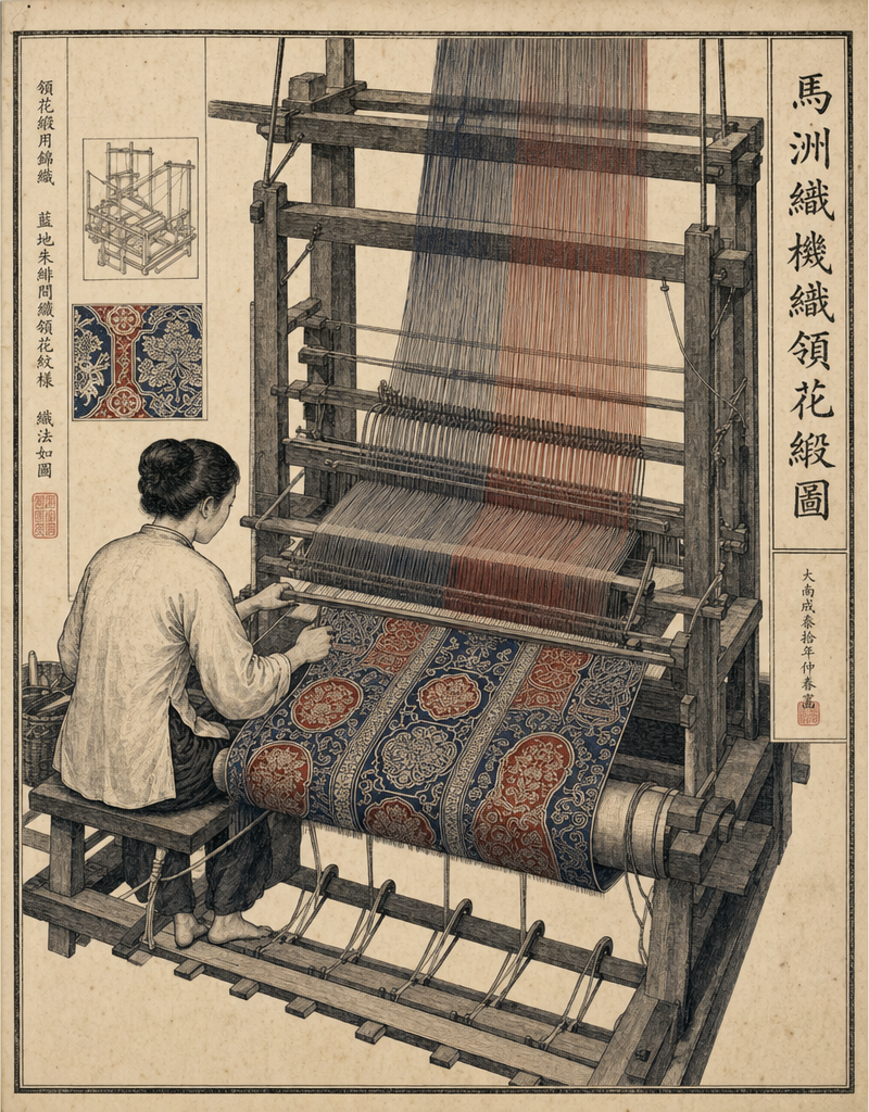 AI-generated illustration of a traditional wooden Mã Châu loom weaving a pattern of Lãnh Hoa court silk, a woman seated working the treadles.
